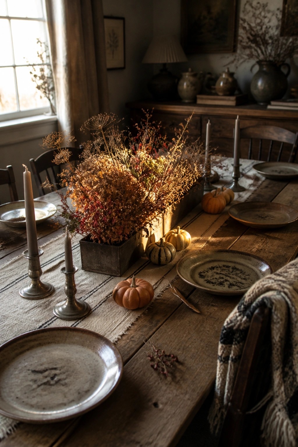 A rustic wooden dining table with a long metal box of dried autumn flowers, scattered small pumpkins, pewter plates, and candles.