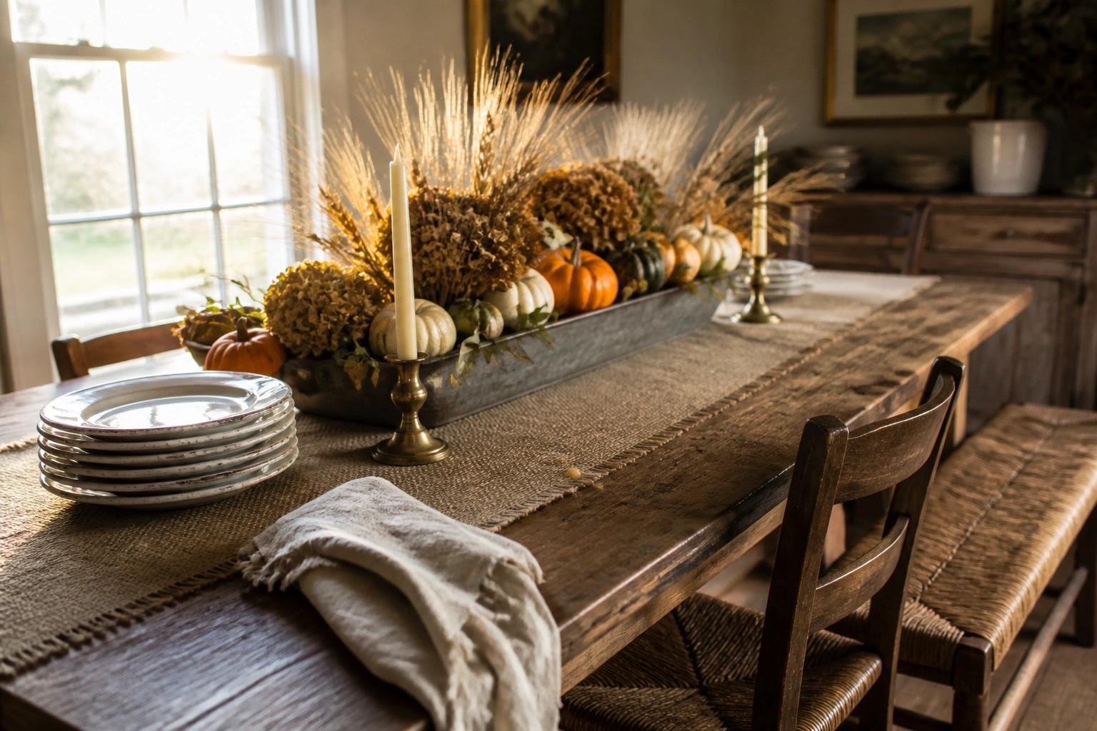 A rustic wooden dining table with a burlap runner, brass candlesticks, stacked plates, and a long metal trough filled with pumpkins, gourds, flowers, and wheat stalks running down the center.
