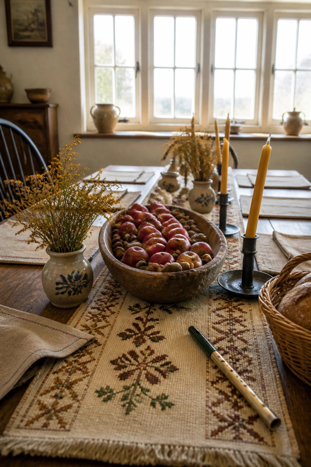 A long wooden dining table with a large rustic bowl filled with red apples and nuts, surrounded by candles, dried flowers, and an embroidered table runner.