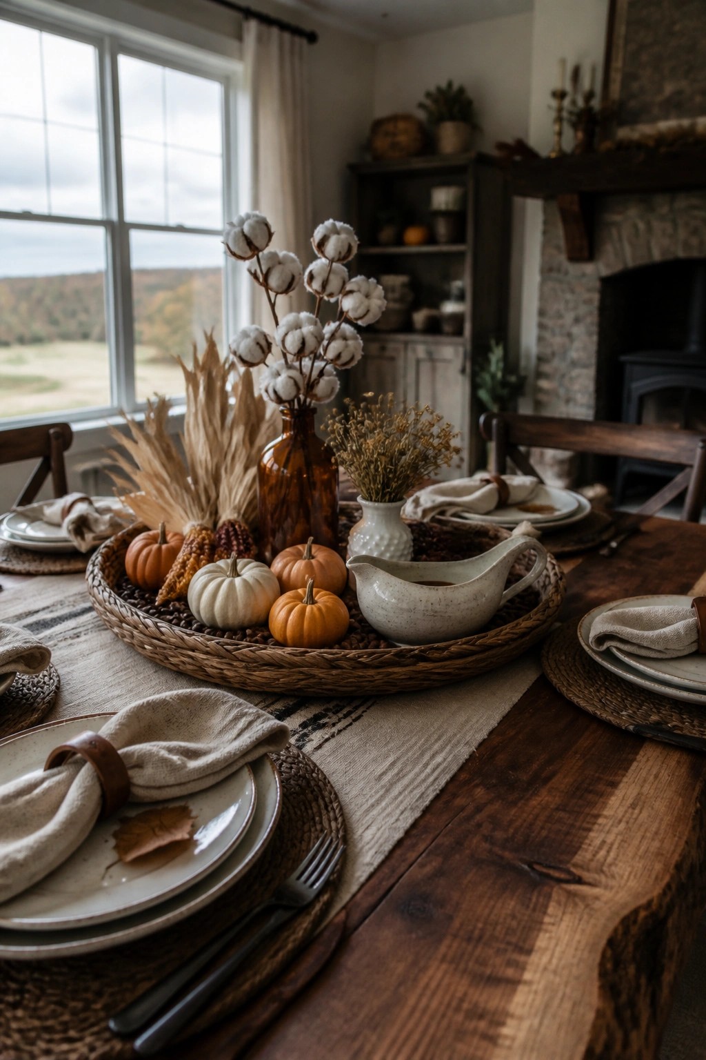 A wooden dining table with a large woven tray holding small pumpkins, cotton stems in a brown vase, dried flowers, and scattered beans as a fall centerpiece.