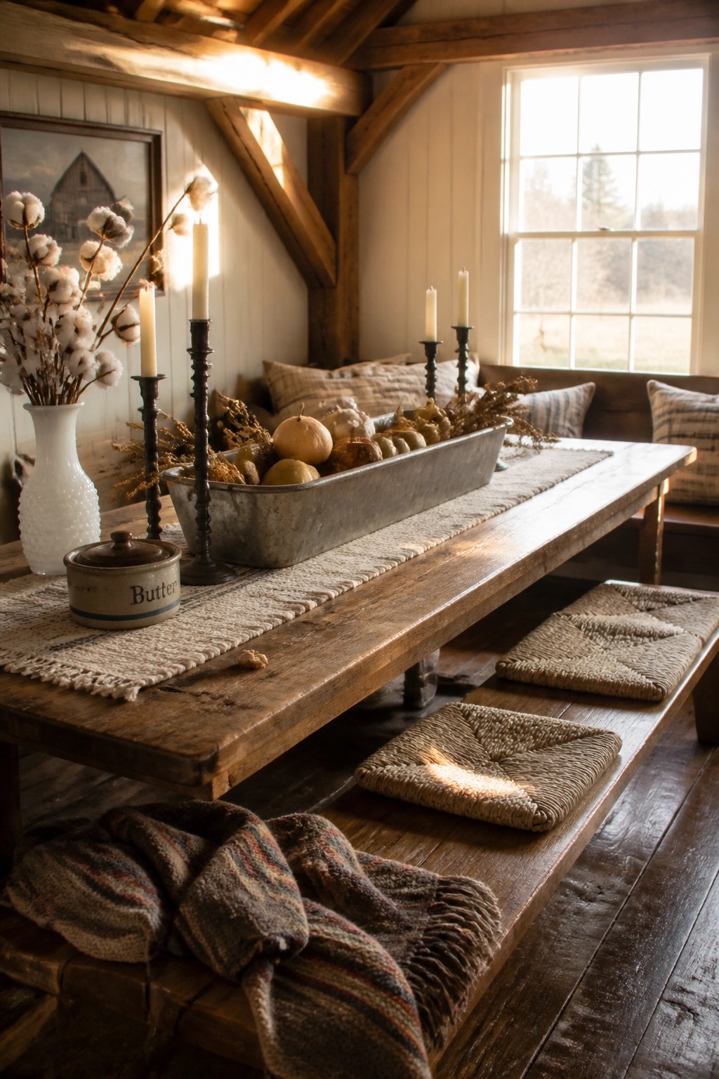 A rustic wooden dining table set with a long galvanized metal trough filled with pumpkins and gourds, black candlesticks, a white vase of cotton stems, and woven bench cushions nearby.