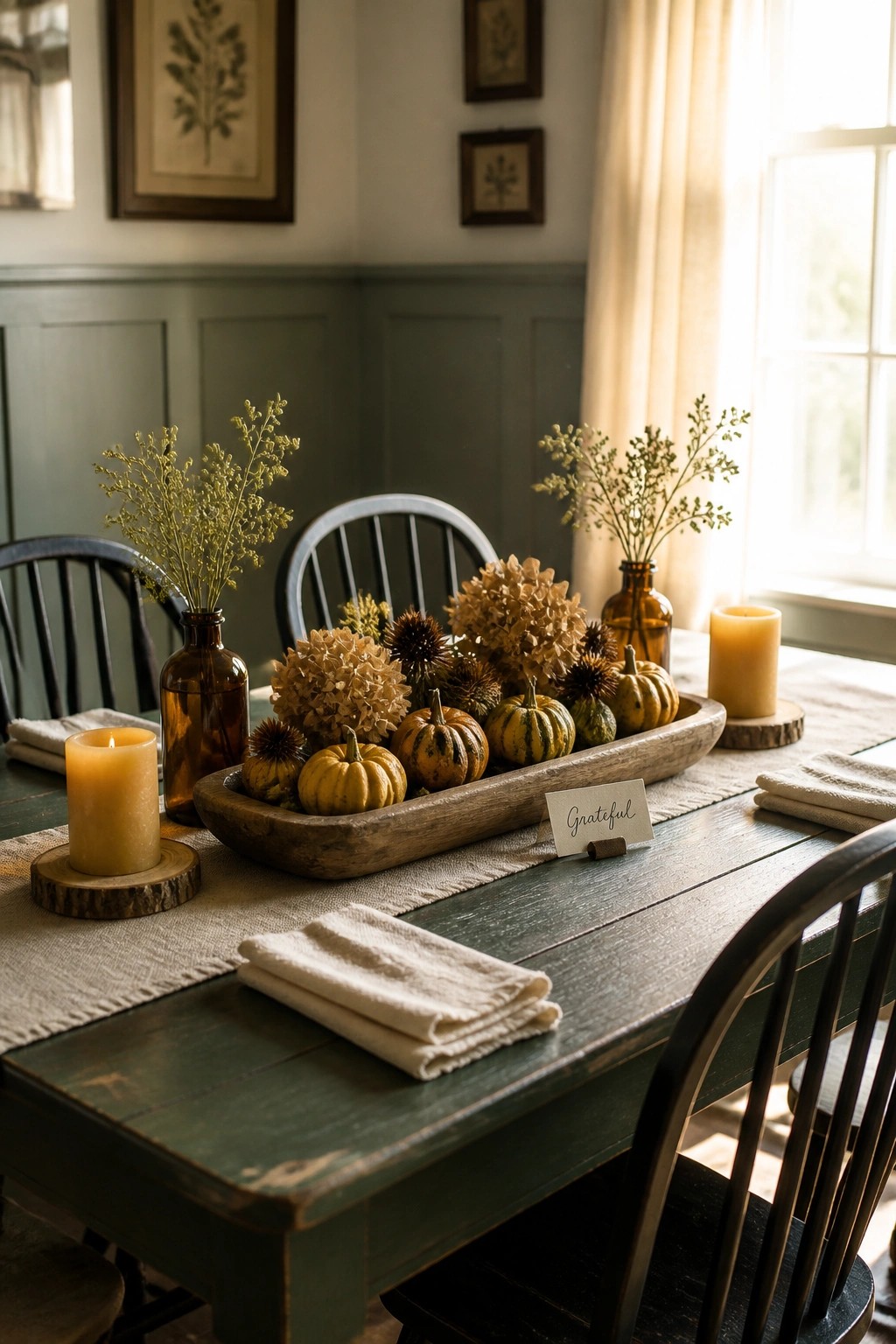 A dark green farmhouse dining table features a long wooden dough bowl centerpiece filled with small pumpkins and dried hydrangeas, with lit candles in brown glass bottles and folded linen napkins along the table runner.