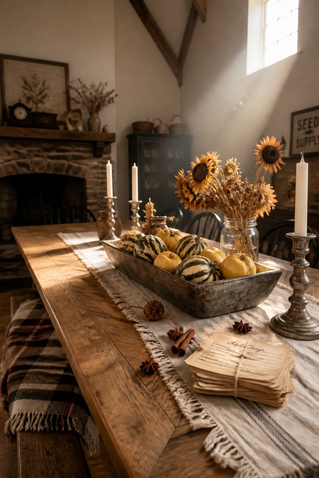 A wooden dining table with a long metal container holding assorted small pumpkins and gourds, sunflowers in a jar, and candles in metal holders.