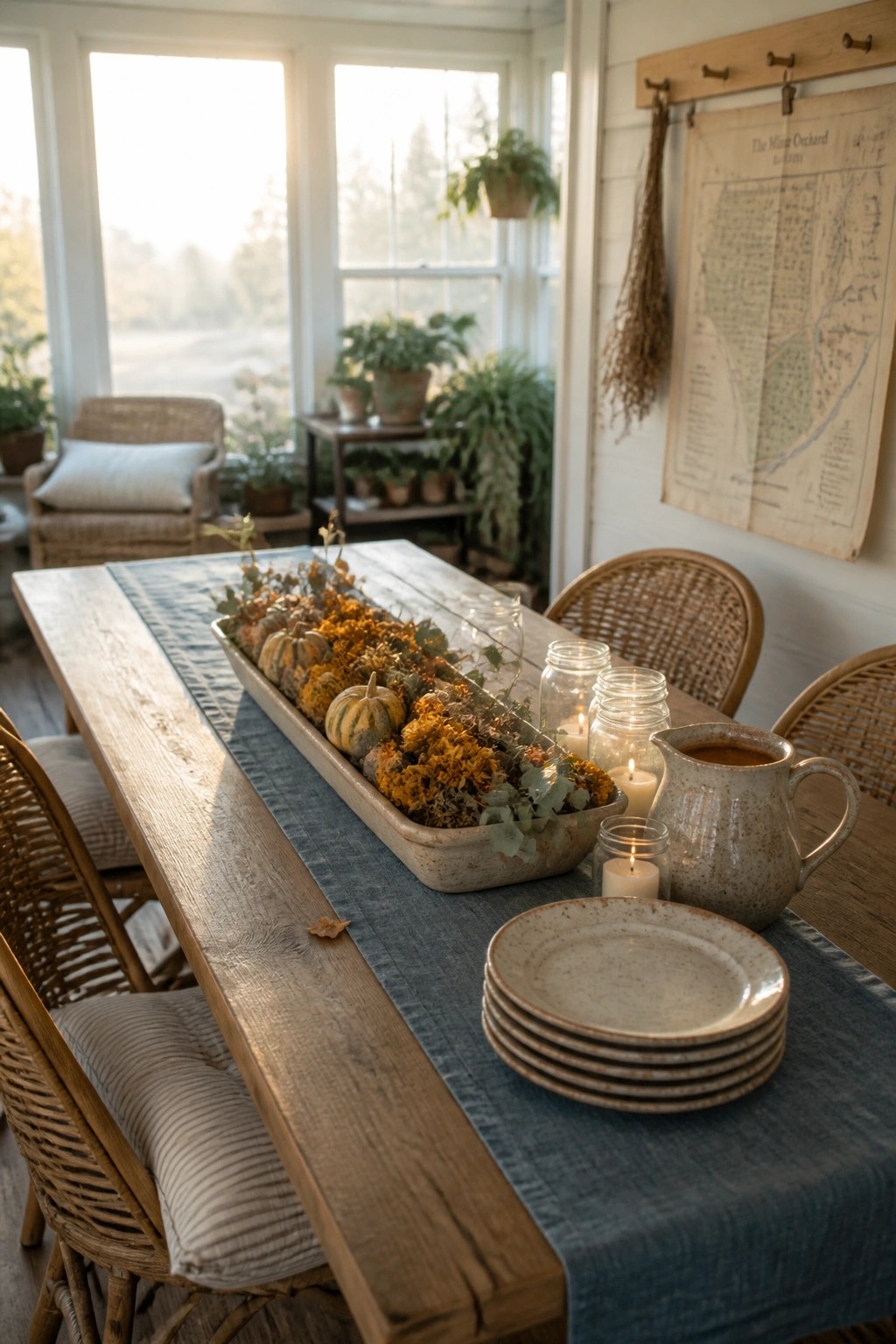 A rustic wooden dining table with a long ceramic trough centerpiece filled with small pumpkins, orange flowers, and greenery, surrounded by woven chairs, a blue runner, stacked plates, a pitcher, and lit candles in glass jars.