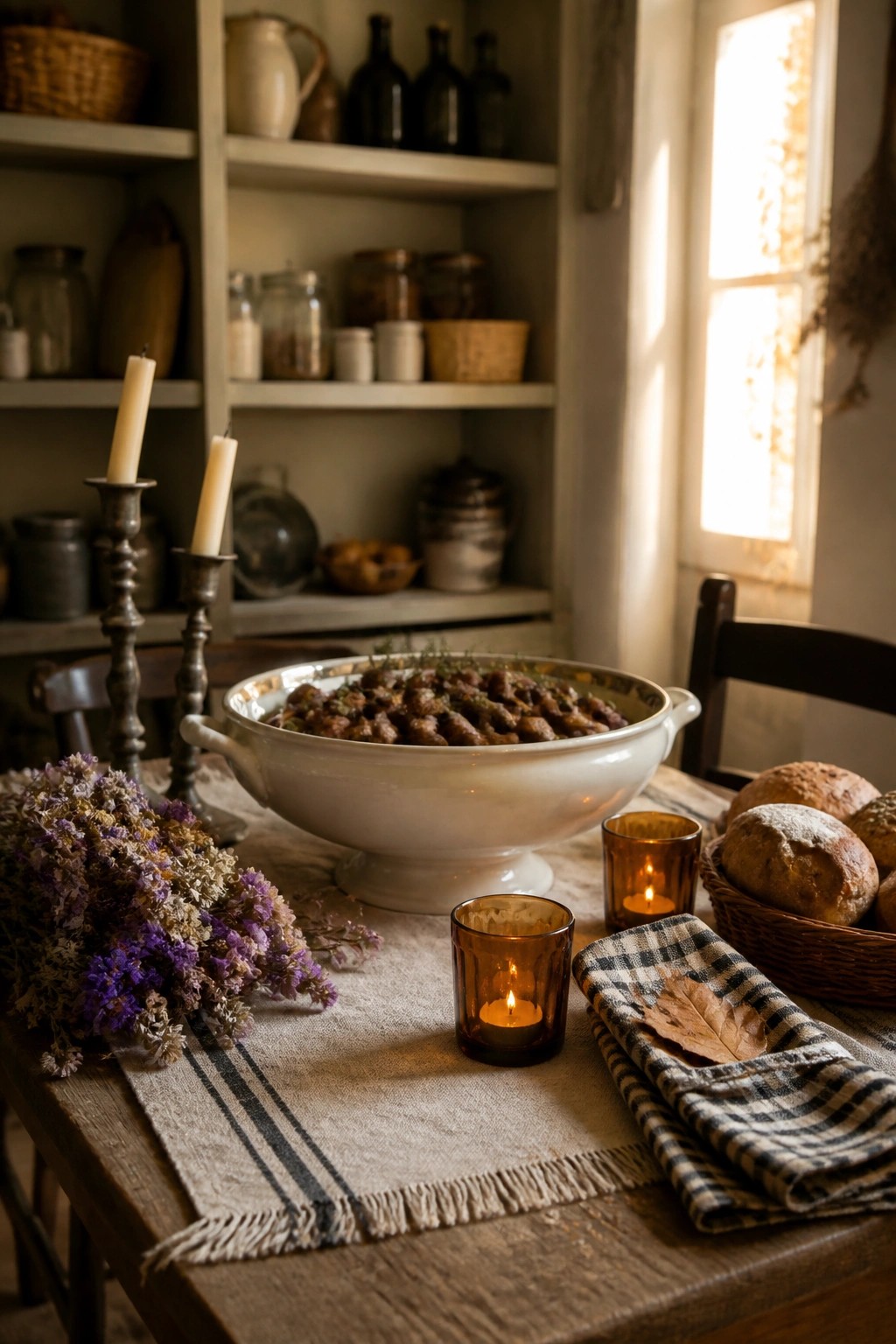 A rustic wooden dining table with a large white ceramic bowl of food as the centerpiece, flanked by lit candles in amber glass holders, a basket of bread, and a linen table runner with dried flowers.