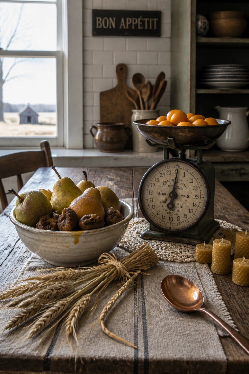 A rustic wooden table with a bowl of pears and figs next to a vintage green kitchen scale holding oranges, wheat stalks, candles, and a copper spoon.