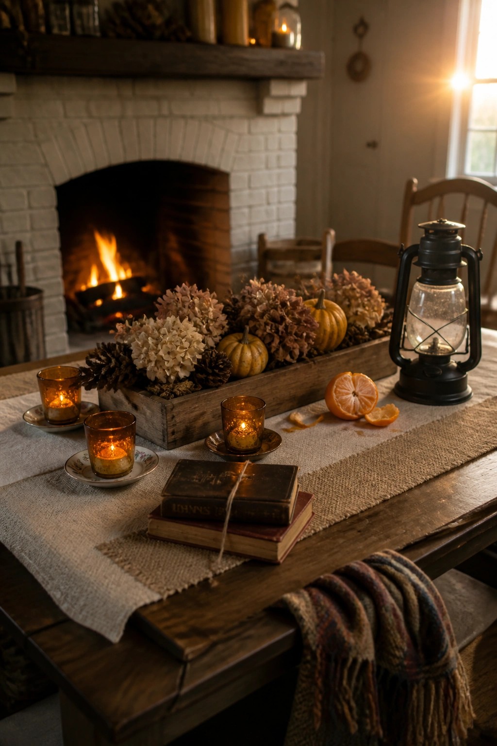 A wooden dining table with a long rustic box centerpiece holding dried hydrangeas, small pumpkins, pinecones, and lit candles, set in front of a brick fireplace.