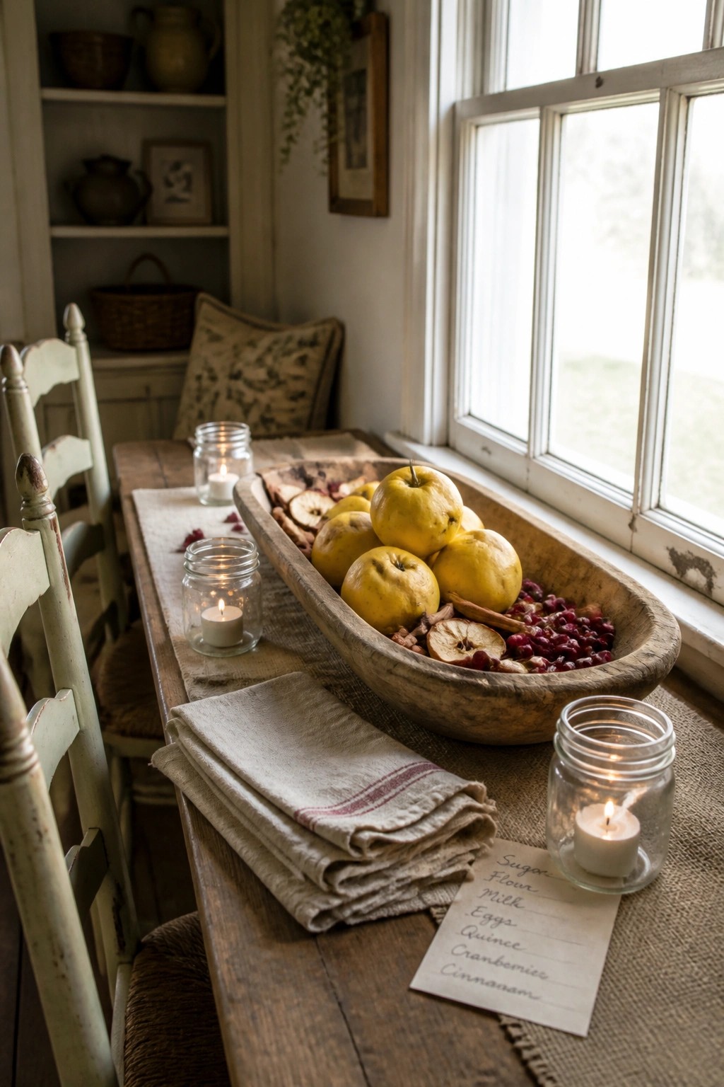 A rustic wooden table holds a long dough bowl filled with yellow apples, cranberries, and cinnamon sticks, with three lit candles in mason jars and a handwritten recipe card nearby.