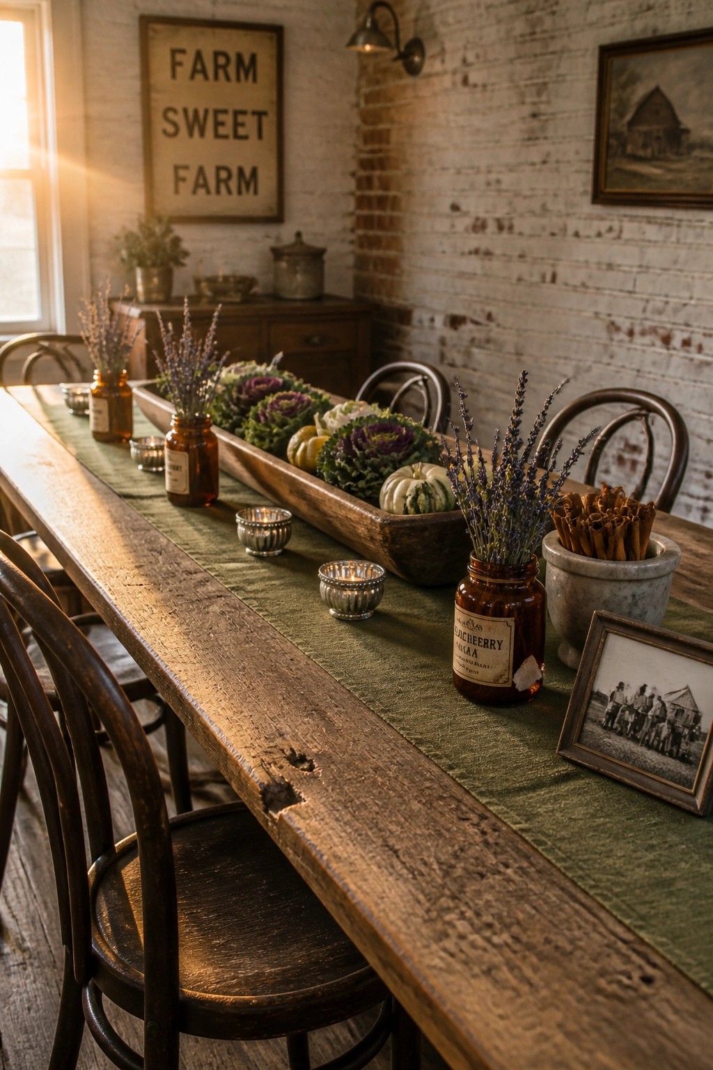 Rustic wooden table with green runner, harvest centerpiece, lavender jars, and farm decor