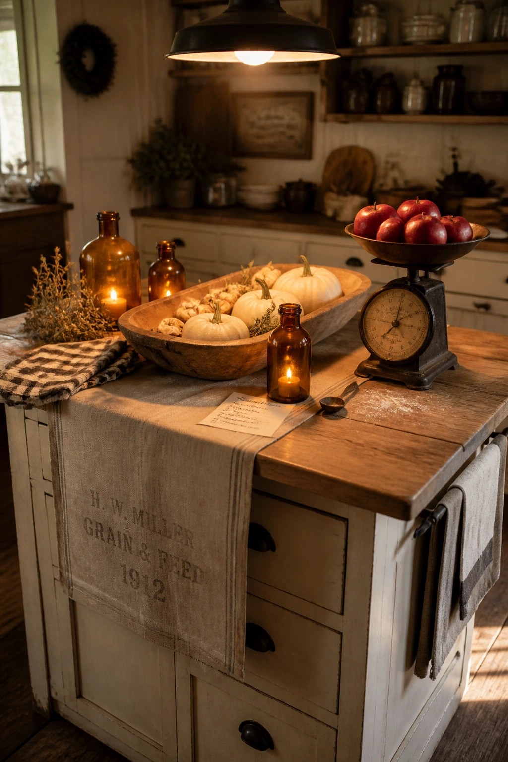 A wooden dough bowl filled with white pumpkins sits on a rustic kitchen island alongside amber glass bottles with candles and a vintage scale holding red apples.