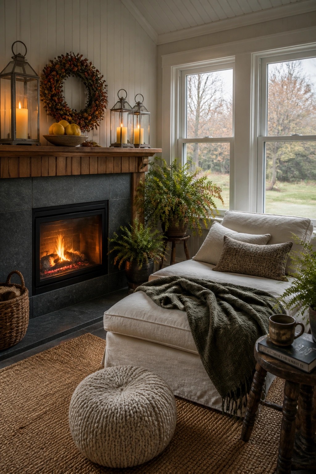 A living room with a stone fireplace, wooden mantel holding lit lanterns and an autumn wreath with pumpkins, and a cushioned chaise with a throw blanket nearby.