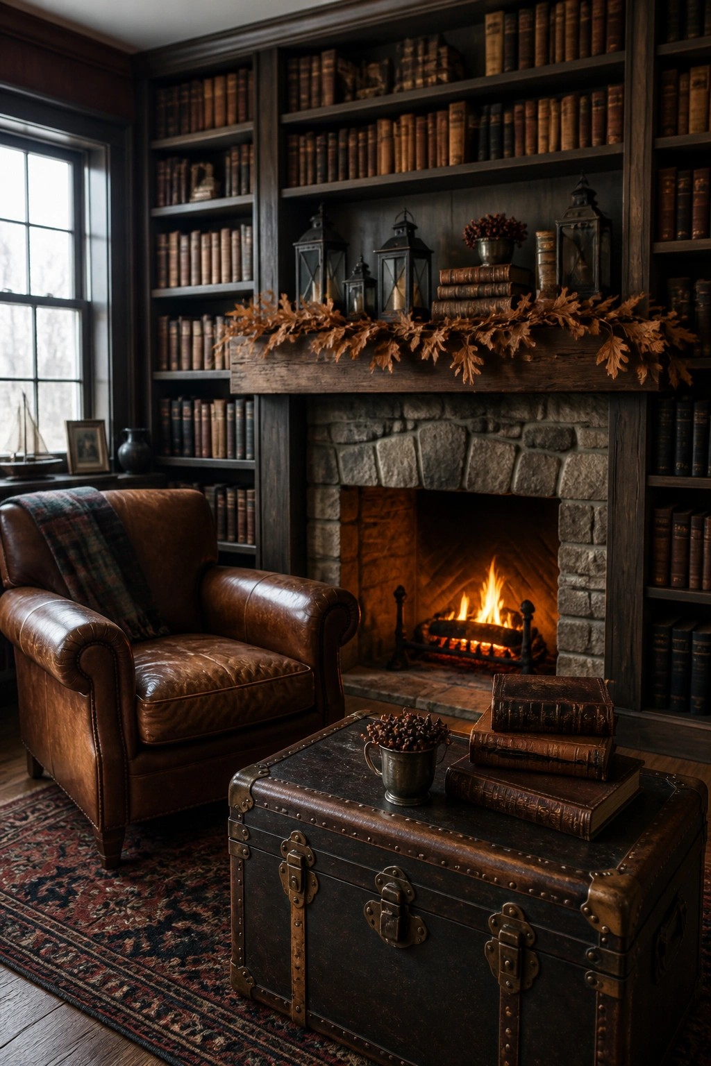 A rustic living room features a stone fireplace with a dark wooden mantel decorated with a garland of dried oak leaves, lanterns, and stacked books, next to a brown leather armchair and built-in bookshelves.