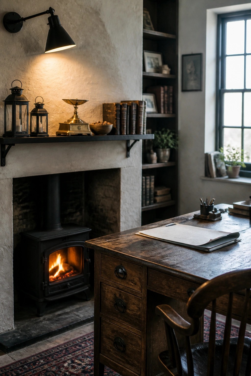 A rustic interior featuring a black mantel shelf above a lit wood stove, with two black lanterns and brass accents on the shelf.