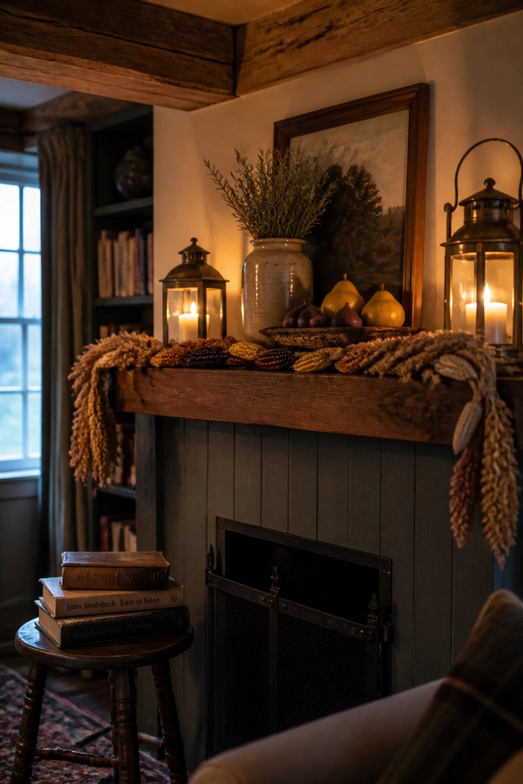 A wooden fireplace mantel styled with a garland of dried corn and grasses, two lit lanterns, a vase of greenery, and a bowl of pears and figs.
