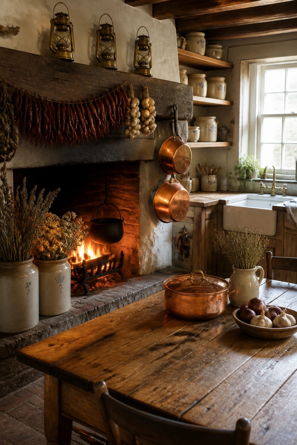 A rustic kitchen interior showing a large stone fireplace with a thick wood mantel strung with dried red chilies and garlic bulbs, copper pots hanging nearby, and a wooden table with onions in the foreground.