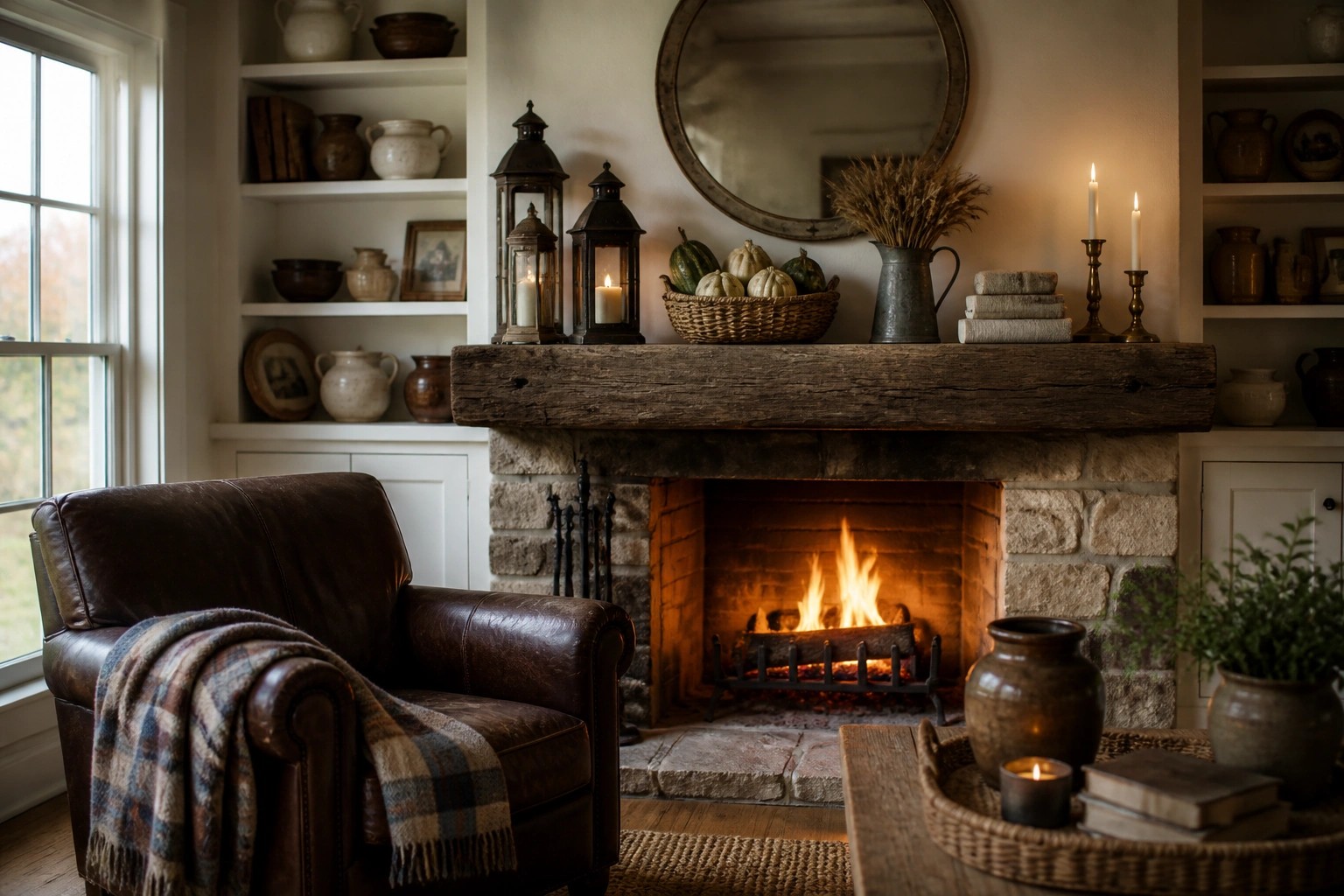 A stone fireplace with a thick wooden mantel decorated with black lanterns, candles, a basket of pumpkins, and dried wheat, next to a brown leather chair with a plaid blanket.