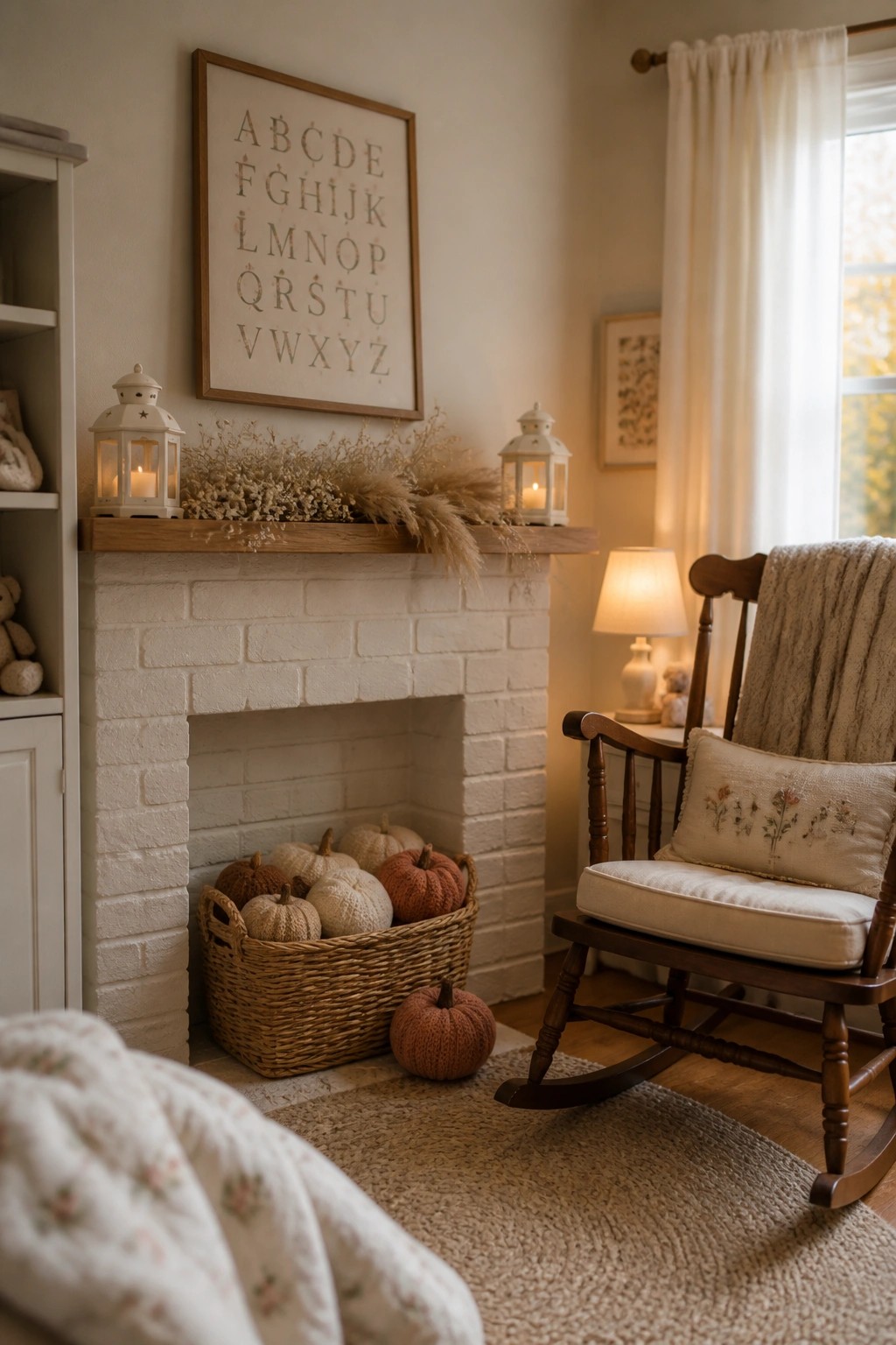 A white brick fireplace mantel decorated with white lanterns and dried grasses, with a wicker basket of knitted pumpkins placed inside the firebox opening.