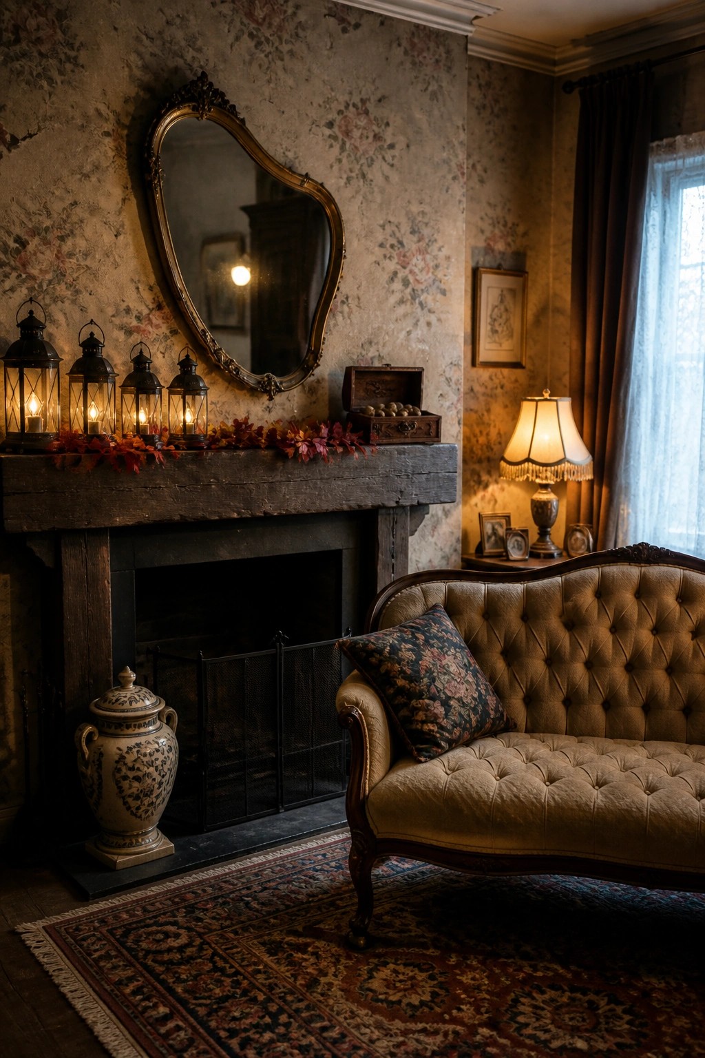 Vintage parlor with heart-shaped mirror above fireplace, lanterns, and tufted beige sofa.