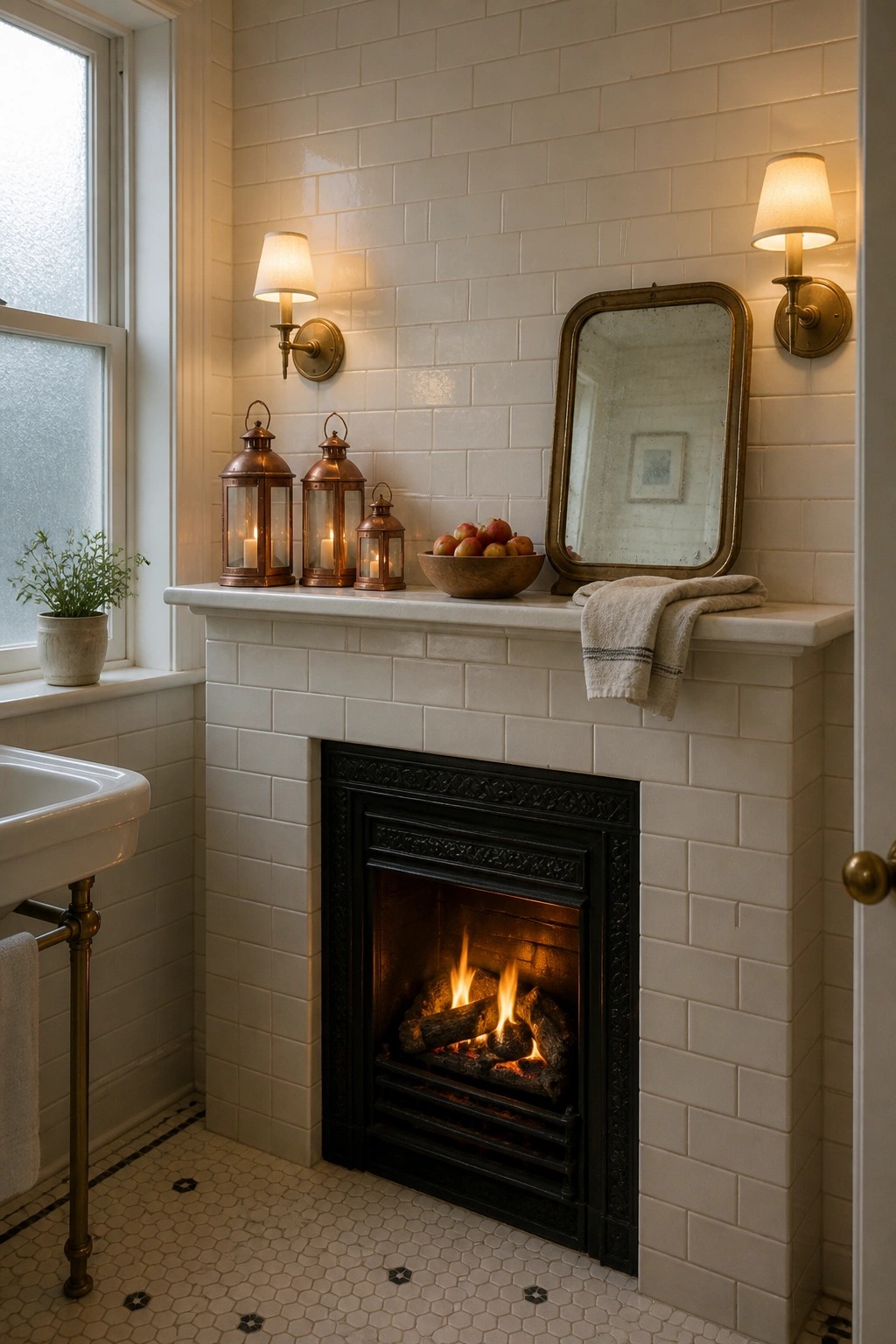 A bathroom fireplace with a white tile surround and mantel displays three copper lanterns, a wooden bowl of apples, and a folded towel next to a vintage mirror.