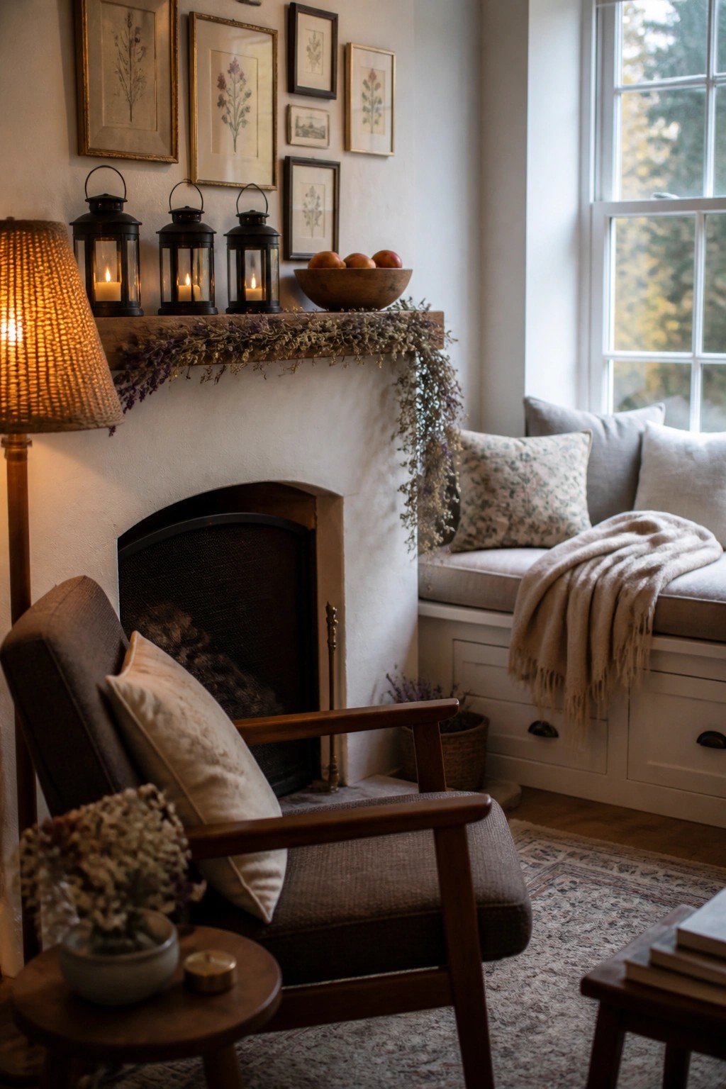 A white fireplace with a wooden mantel holding three lit black lanterns, a dried floral garland, and a wooden bowl of apples, beside a cushioned window seat.