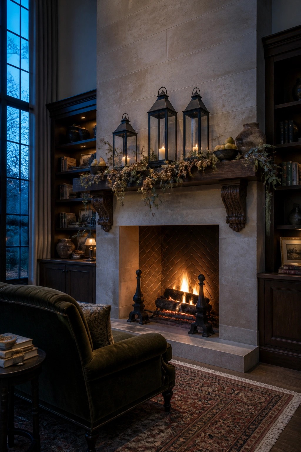 A stone fireplace with a dark wood mantel holding three black lanterns, a greenery garland, and a bowl of fruit above a lit fire.