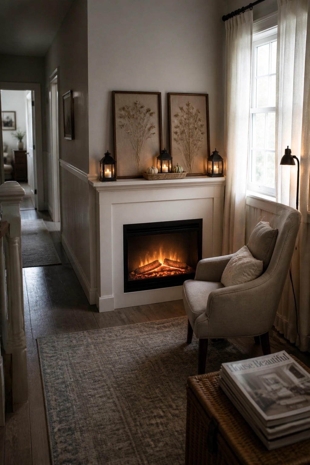 A white fireplace mantel decorated with black lanterns, small pumpkins, and two framed dried botanicals above an electric fire, with an armchair and window visible to the right.