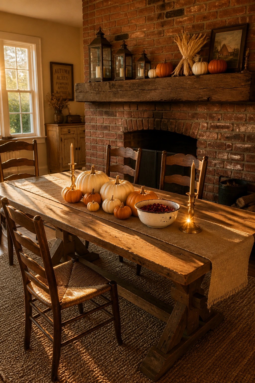 A rustic dining table with pumpkins and candles sits in front of a brick fireplace topped with a wooden mantel holding lanterns, pumpkins, and wheat.
