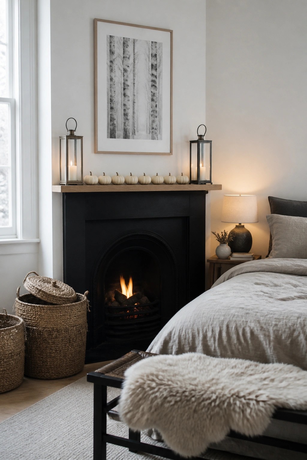 A bedroom scene showing a black arched fireplace with a wood mantel lined with small white pumpkins and two black lanterns with lit candles.