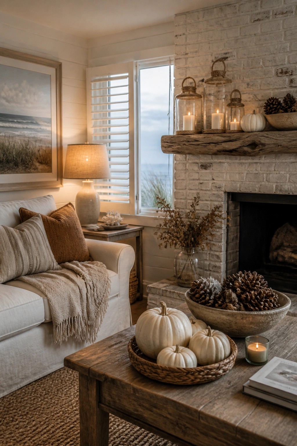 A living room with a white brick fireplace topped by a rustic wooden mantel holding glass lanterns with candles, white pumpkins, and a bowl of pinecones, with a sofa and coffee table visible in the foreground.