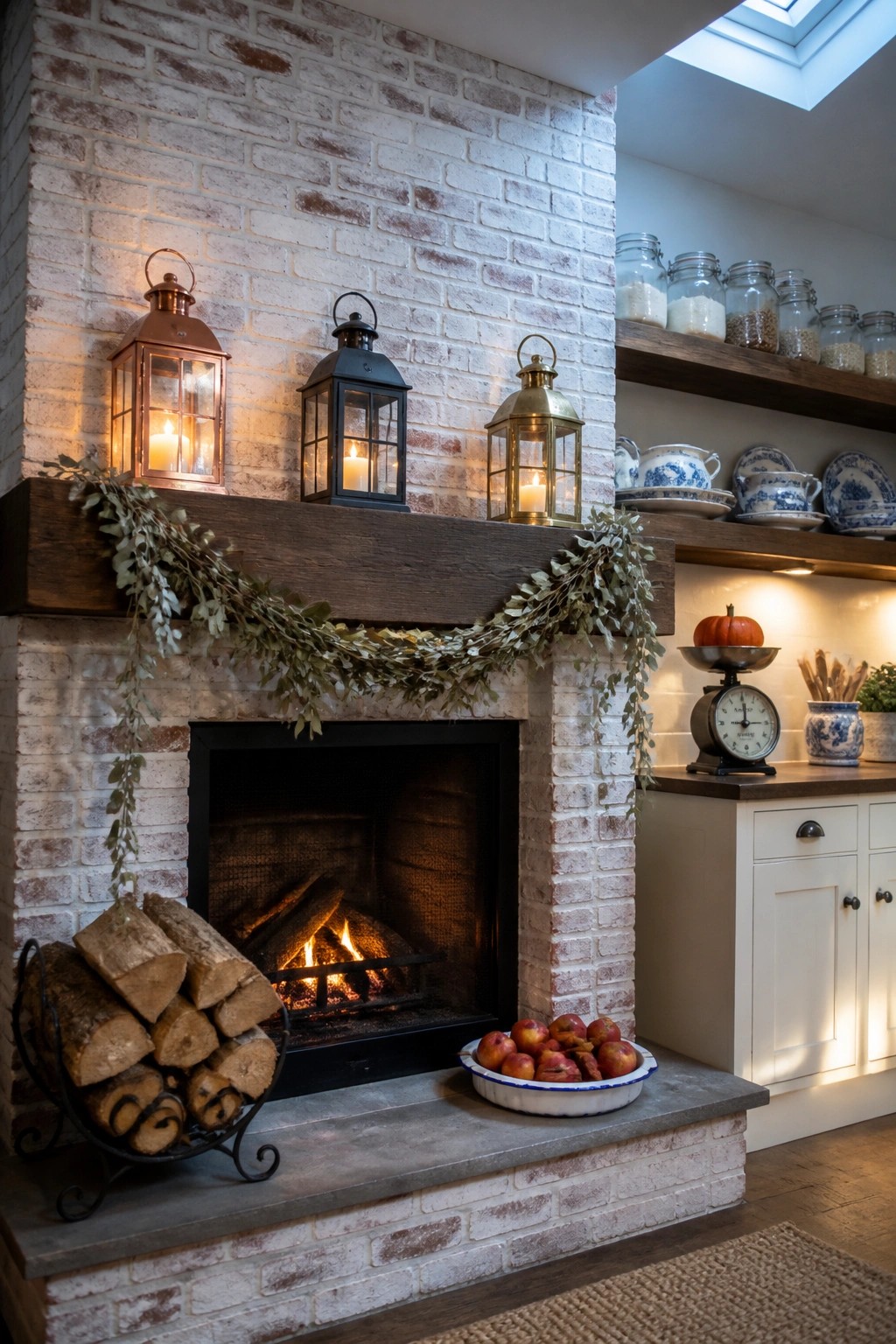 Rustic brick fireplace with lit fire, lanterns on mantel, garland, and bowl of apples