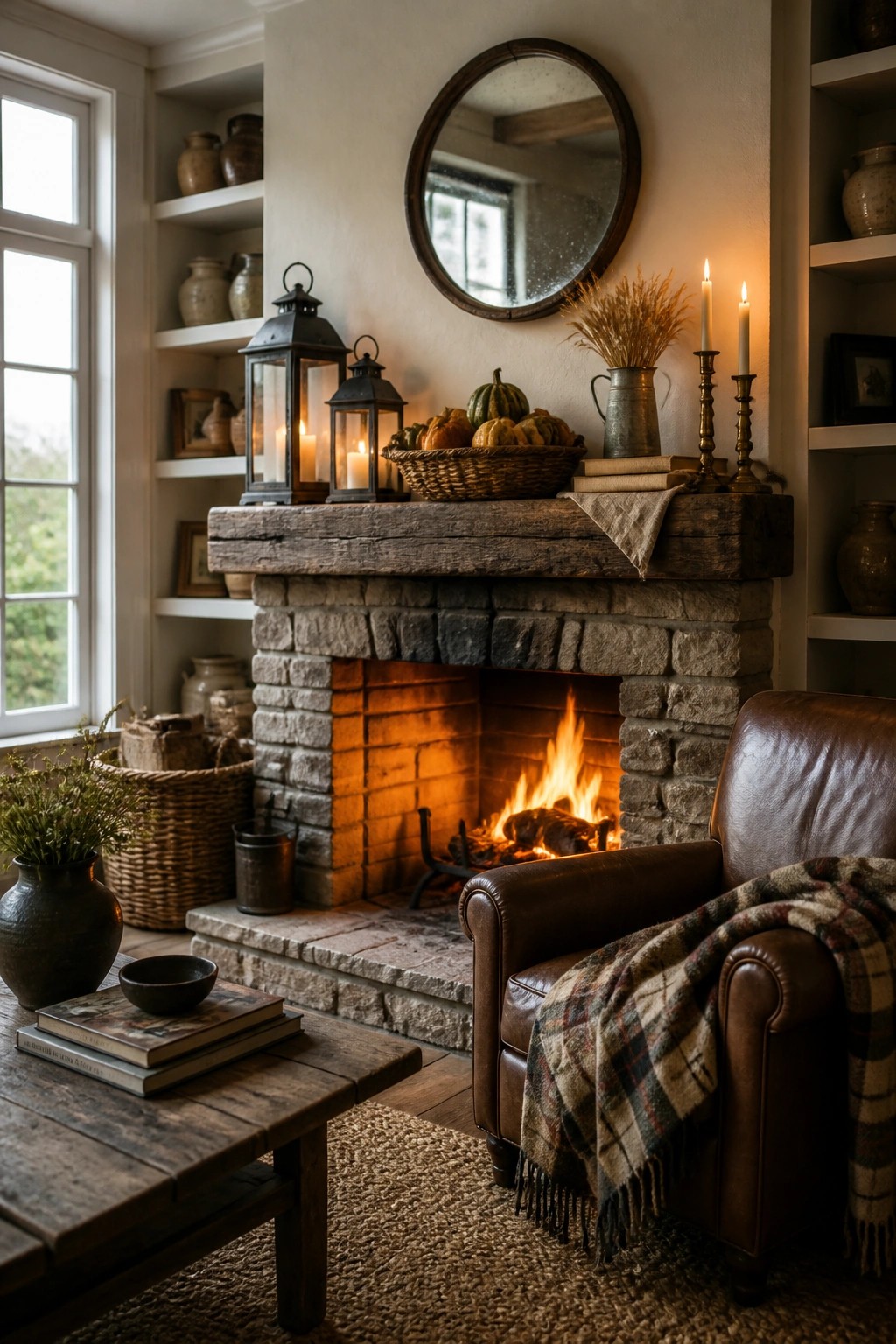 A stone fireplace with a thick wooden mantel decorated with black lanterns, candles, a basket of pumpkins, and dried wheat, next to a brown leather chair with a plaid blanket.