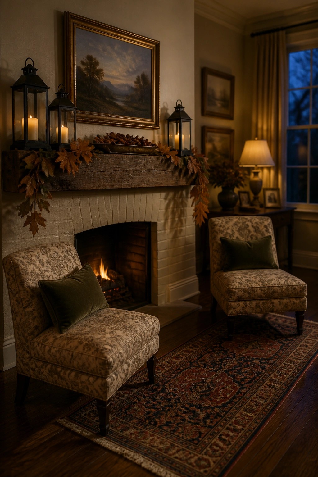 A living room with a white brick fireplace topped by a rustic wooden mantel holding three black lanterns with candles, autumn leaves, and a metal bowl of pinecones, with two patterned chairs on a red rug in front.