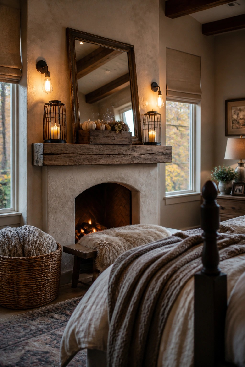 Cozy rustic bedroom with lit fireplace, wooden mantel, mirror, and autumn decor