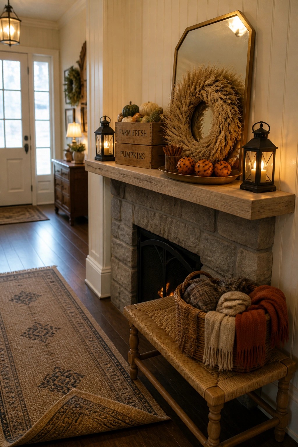 A rustic stone fireplace with a wooden mantel holding stacked crates, a large wreath, lanterns, and small pumpkins, plus a woven bench with a basket of sweaters in front.