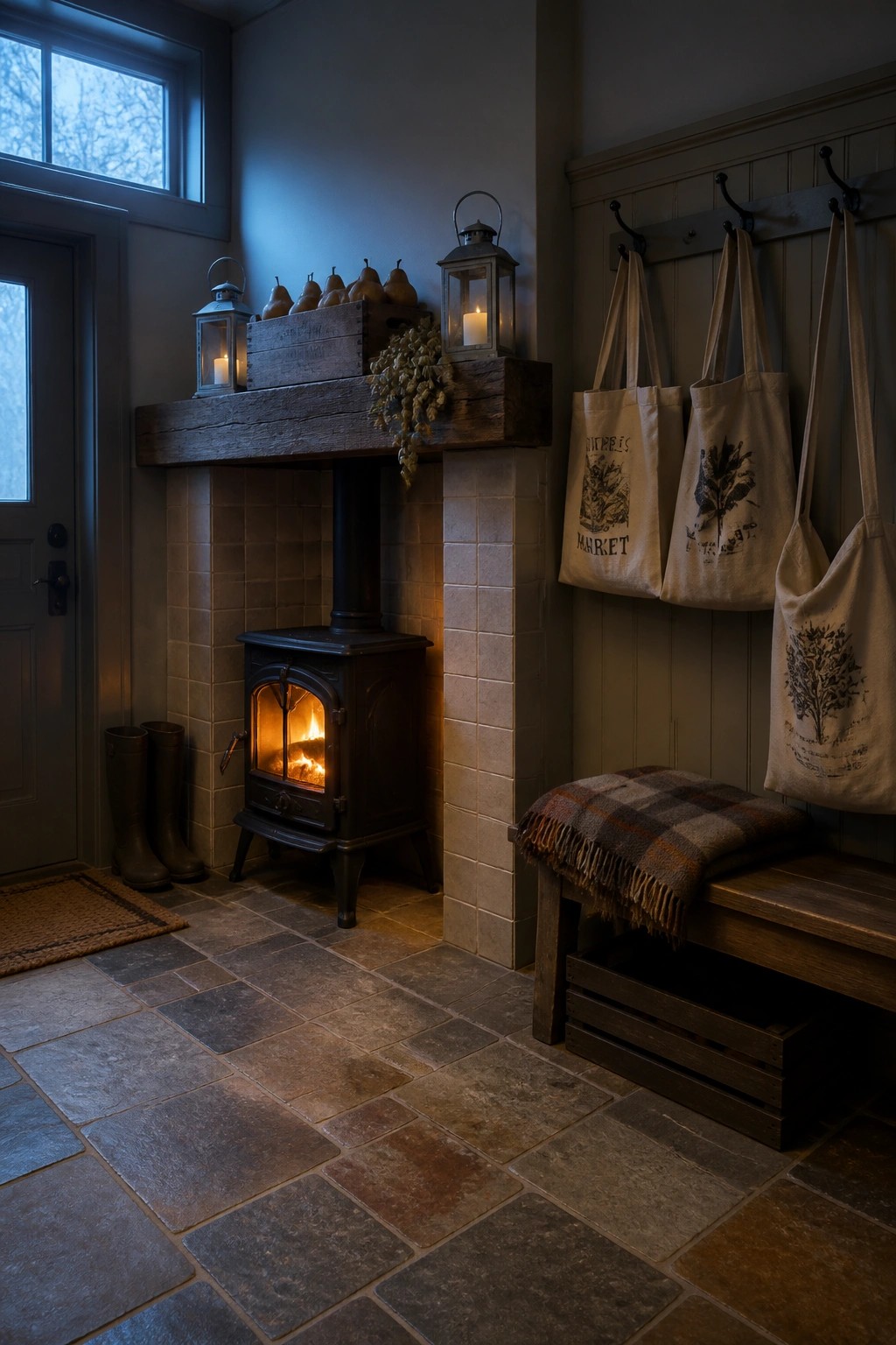 A wood stove set into a stone surround beneath a thick wooden mantel decorated with lanterns, a crate of pears, and dried foliage, next to a bench holding plaid fabric and canvas tote bags.