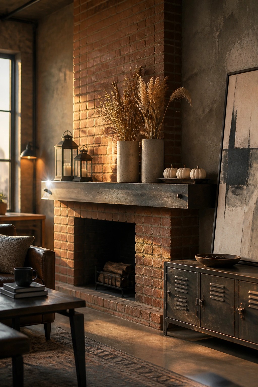 A brick fireplace mantel holds two concrete vases with dried grasses, black lanterns, and small white pumpkins, with a metal cabinet and abstract art visible nearby.