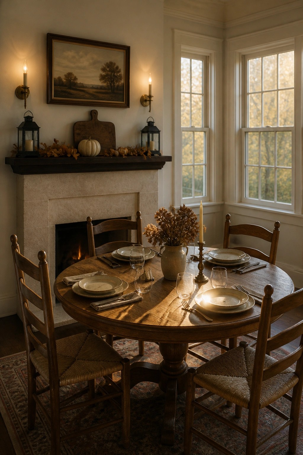 A round wooden dining table set with plates and glasses sits in front of a stone fireplace mantel decorated with two black lanterns, a wooden cutting board, a small white pumpkin, and dried autumn leaves.
