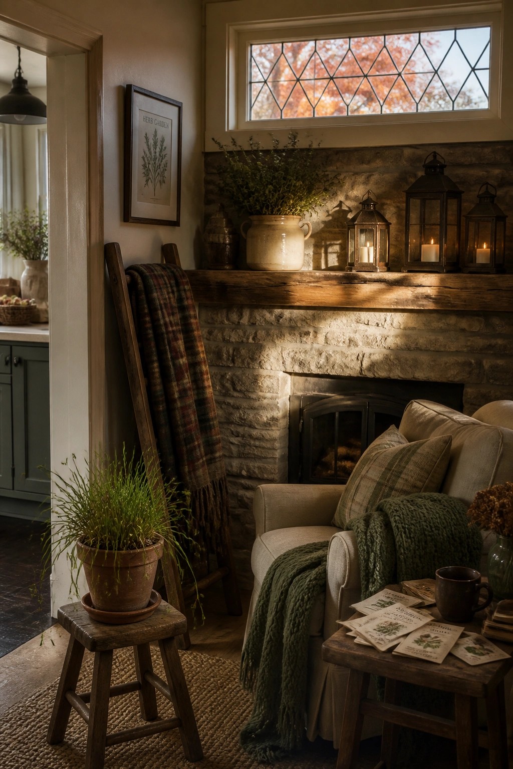 A stone fireplace with a thick wooden mantel beam holding three lit lanterns and a large potted plant, beside a cushioned chair with green blankets.