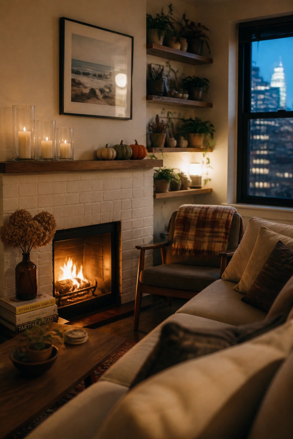 Cozy living room with glowing fireplace, candles, plants, sofa, and city night view.