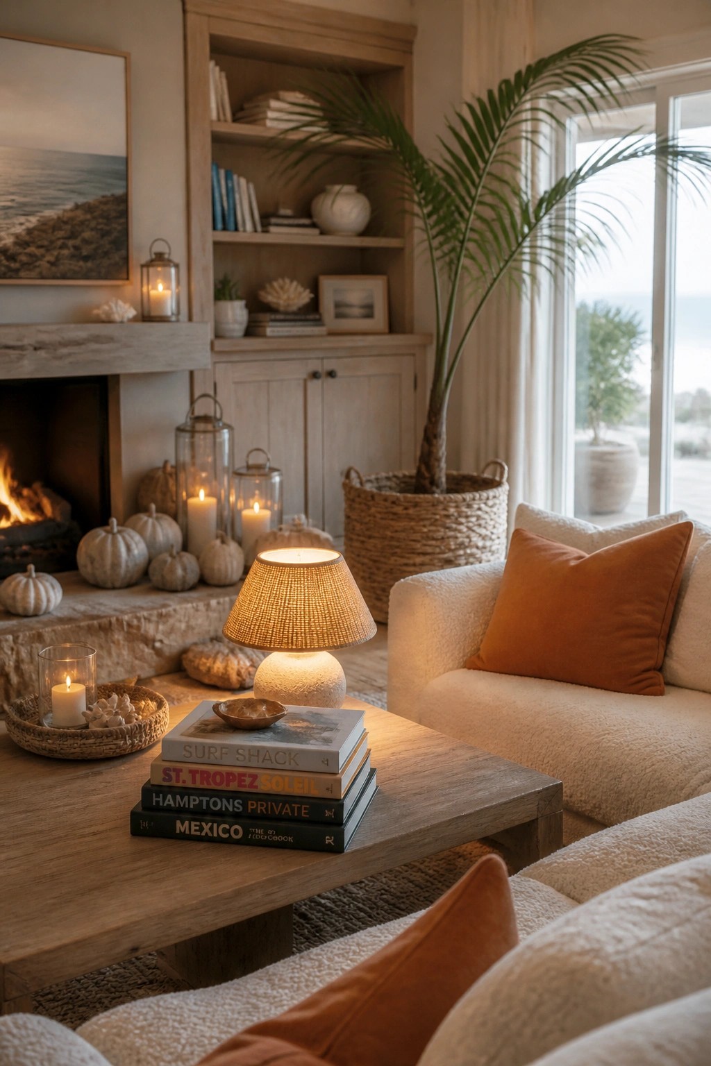 Cozy coastal living room with white sofa, orange pillows, fireplace, and potted palm.