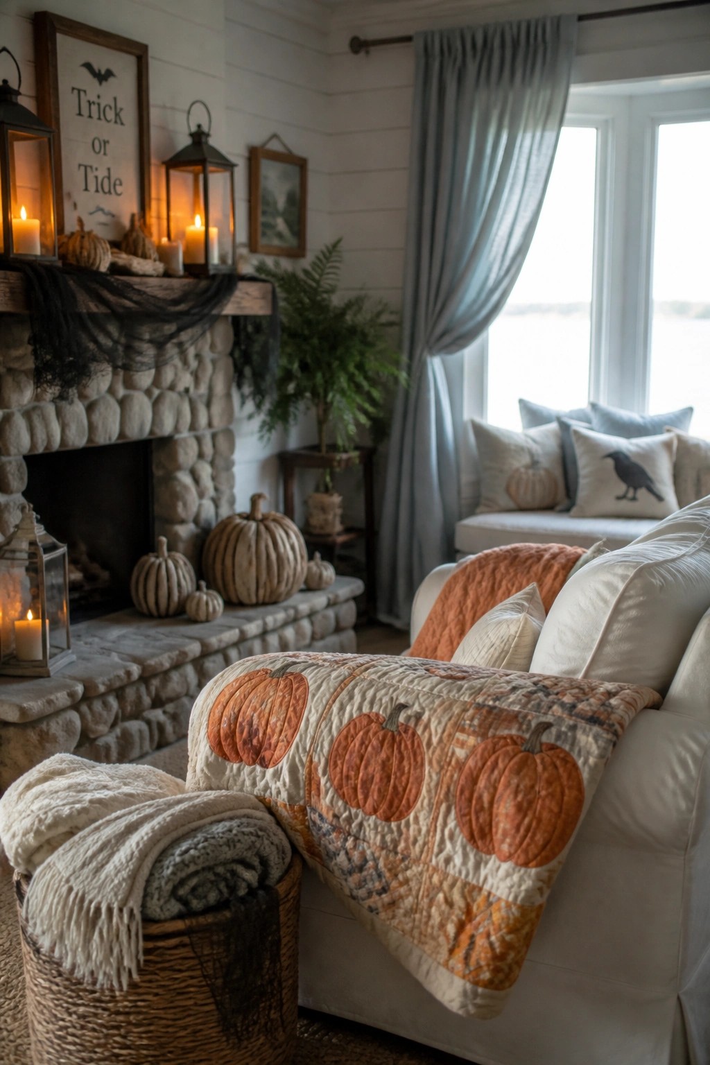 A living room with a white sofa draped in a quilt featuring orange pumpkin patches, a stone fireplace with lit lanterns and small pumpkins, and a basket of folded blankets in the foreground.