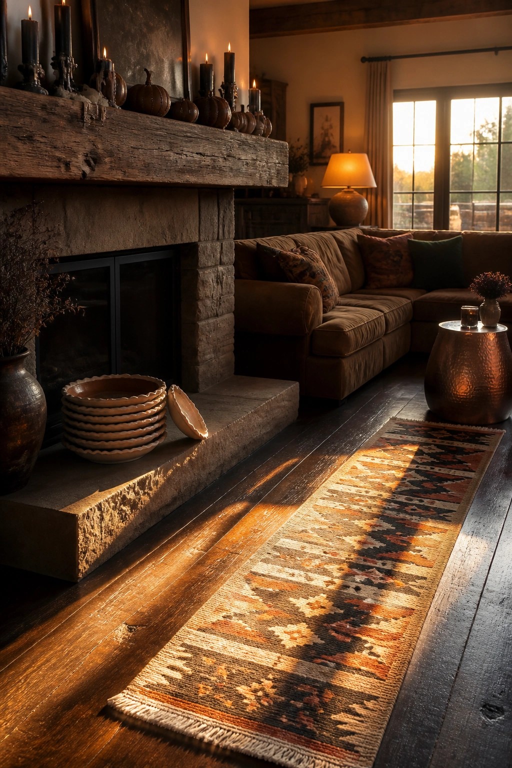 A living room featuring a stone fireplace with a wooden mantel lined with lit black candles and small pumpkins, a brown sofa, patterned rug, and warm sunlight coming through a window.