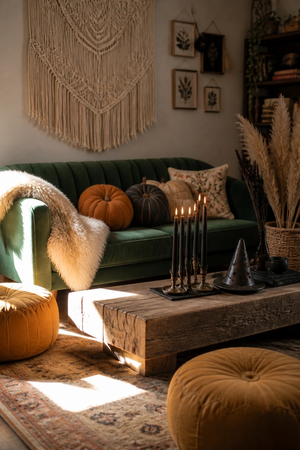 Cozy green velvet sofa with pumpkins, lit candles on rustic wooden table, autumn decor