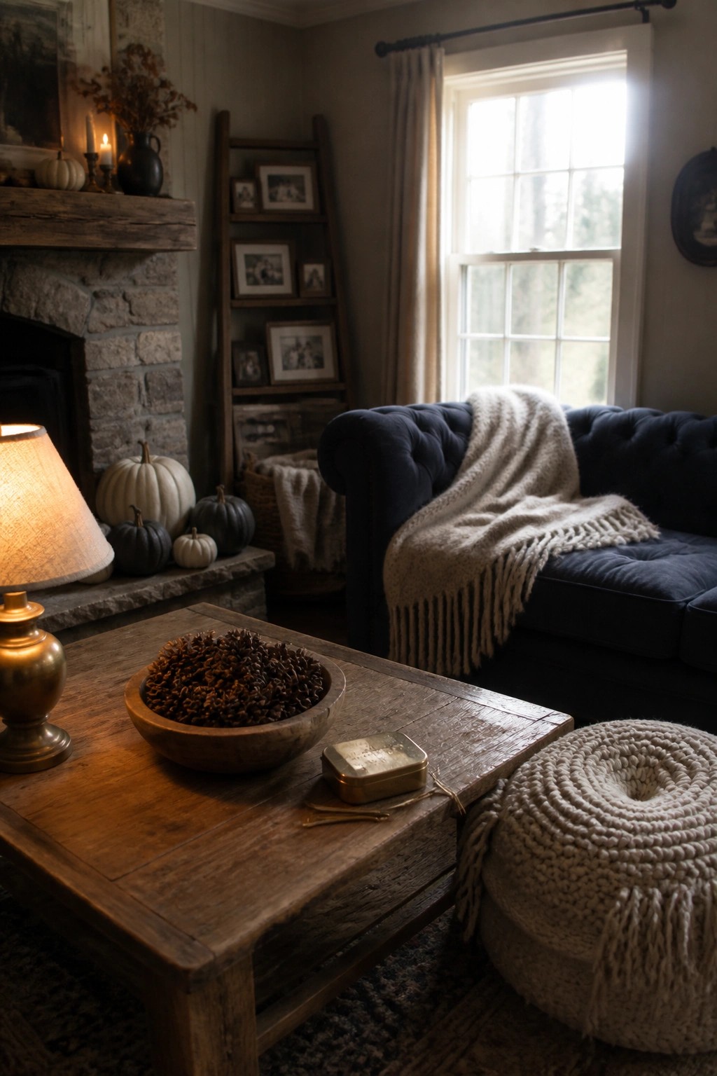A cozy living room features a navy blue tufted sofa with a beige knit throw, a wooden coffee table with a bowl of pinecones, and a stone fireplace decorated with small pumpkins and a lit candle.