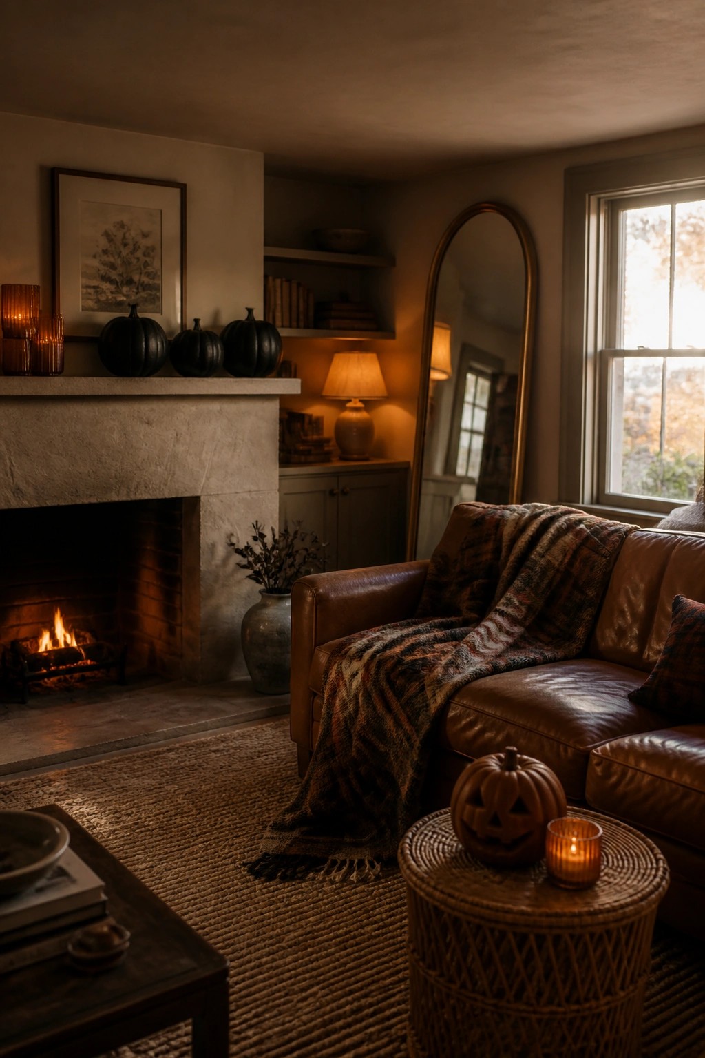 A cozy living room features black pumpkins on a stone mantel above a lit fireplace, a brown leather sofa with a plaid throw, and a carved pumpkin beside a lit candle on a woven table.