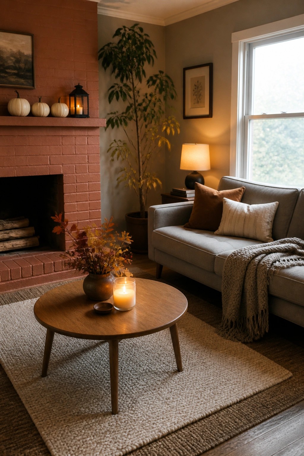 A living room with a red brick fireplace, gray sofa with brown and beige pillows, round wooden coffee table holding a lit candle and vase of autumn leaves, and small white pumpkins on the mantel.