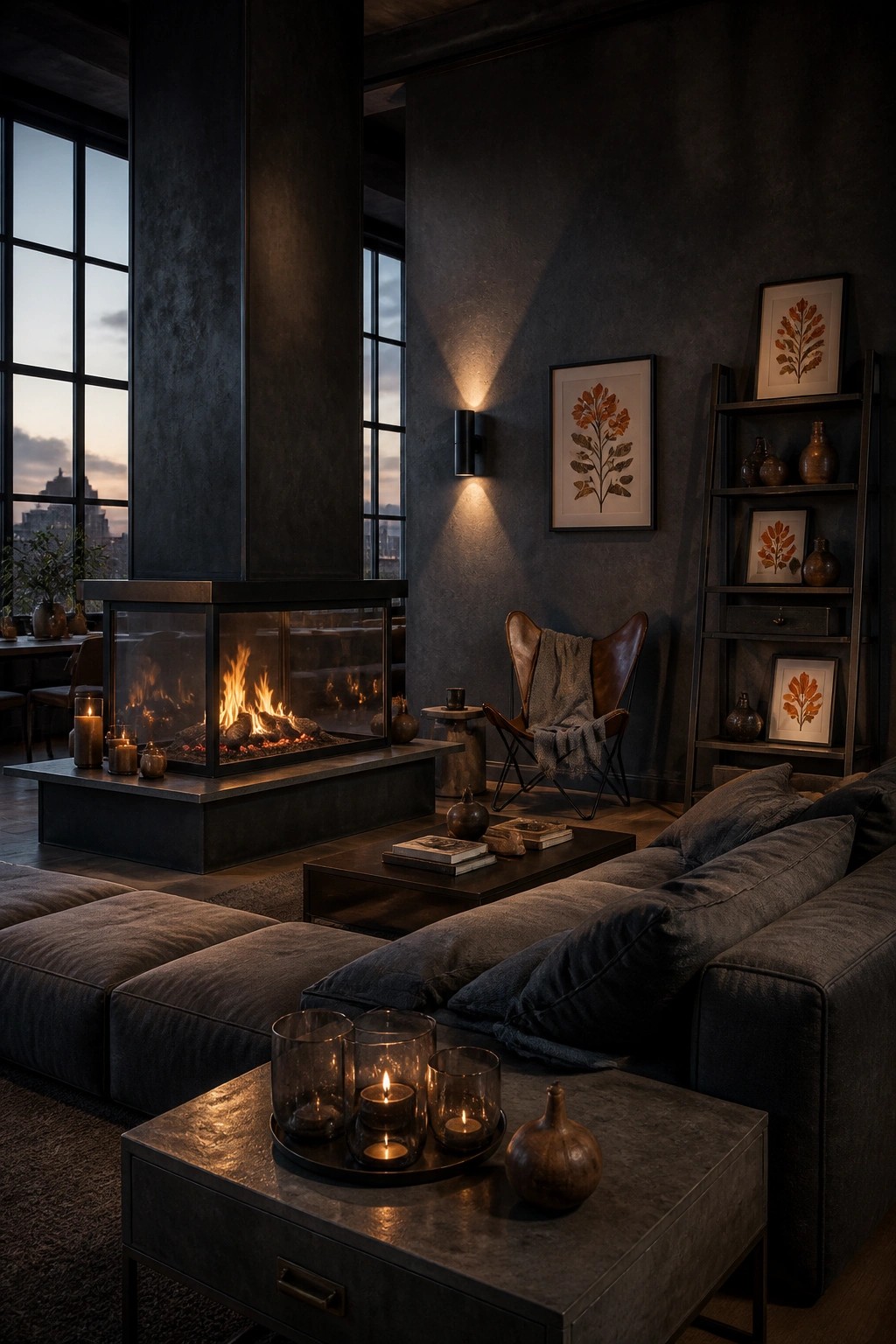 A modern living room with a large central fireplace, dark sectional sofa, coffee table holding candles, and a leather chair against dark textured walls.