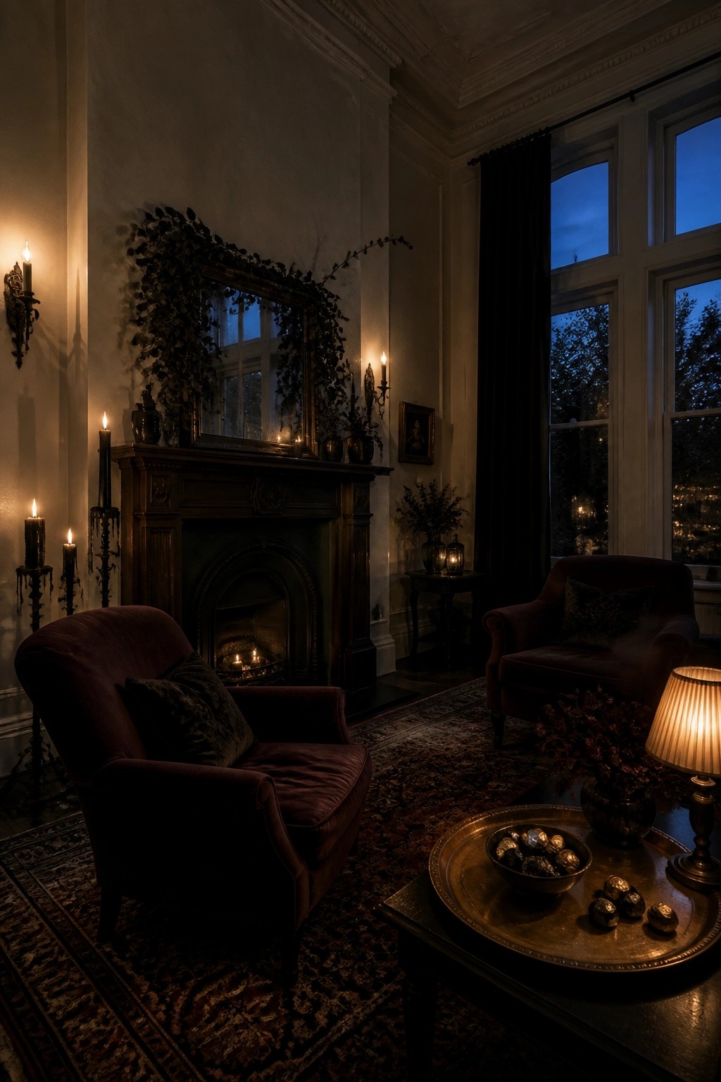 Dimly lit elegant parlor with fireplace, mirror, velvet armchairs, and glowing candles.