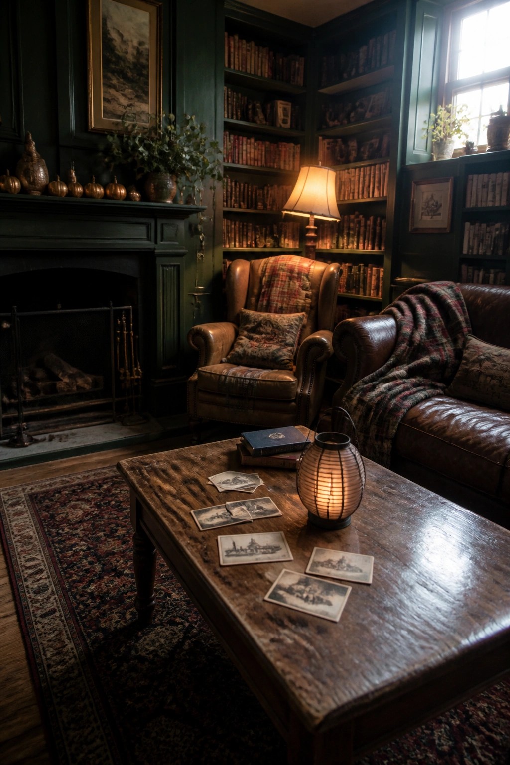 A living room with dark green walls, built-in bookshelves, leather armchairs and sofa, a wooden coffee table, and a fireplace.