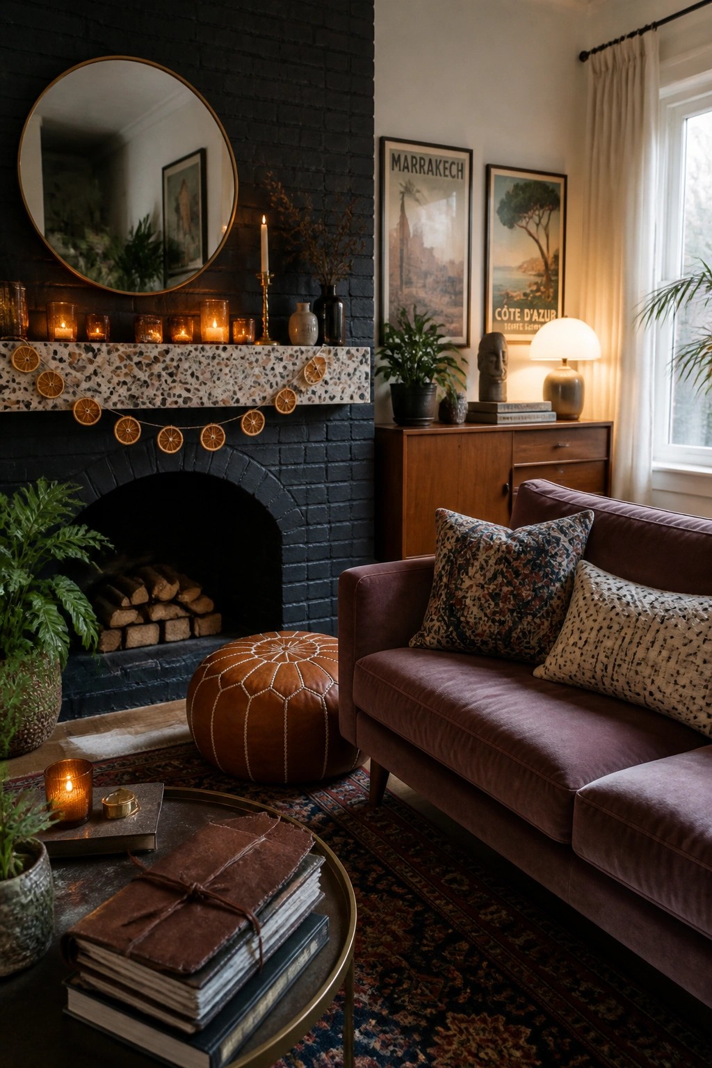 A living room with a black brick fireplace, round mirror above the mantel, dried orange garland, many lit candles, a burgundy velvet sofa, and a brown leather pouf on a patterned rug.